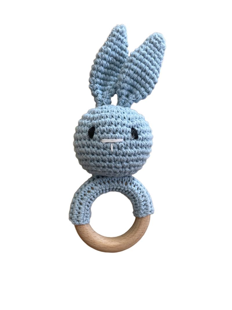 Preloved Toys - Blue Crochet Bunny Wooden Ring Rattle. - Unknown Brand