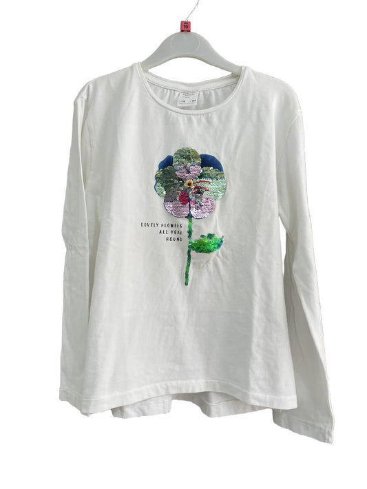 Preloved Zara - White Long-sleeved Shirt With Sequin Flower (10-11y) - Top