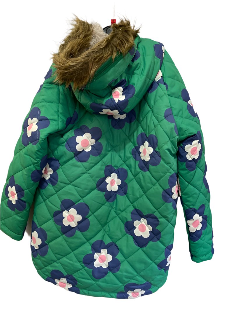 Preloved Boden - Jacket - Green Floral Print Puffer Jacket, Fur-lined Hood (8-9y)