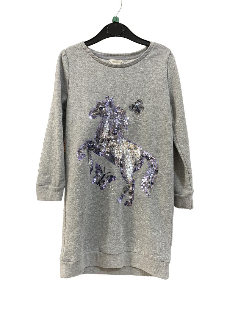 Preloved Monsoon - Top - Gray Sparkle Long-sleeved Shirt With Sequin Unicorn (5-6y)