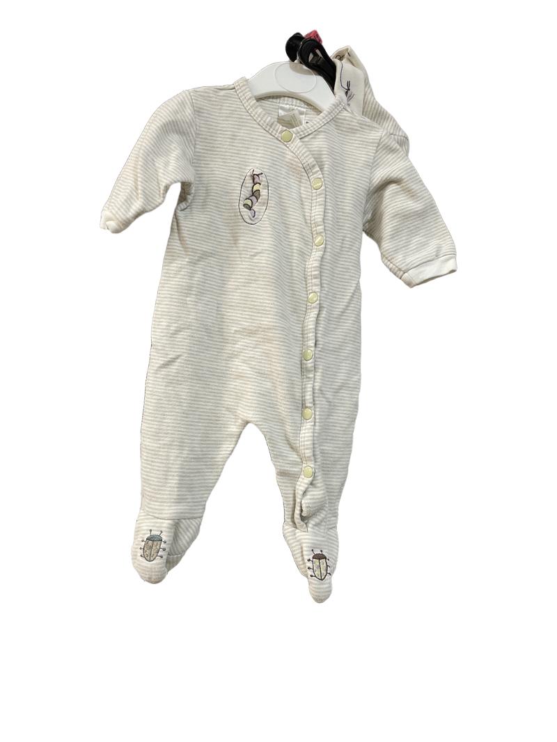 Preloved The Perfect Start - Sleepwear - Beige And White Stripe Footed Onesie Set With Hat And Mittens (0-3m)