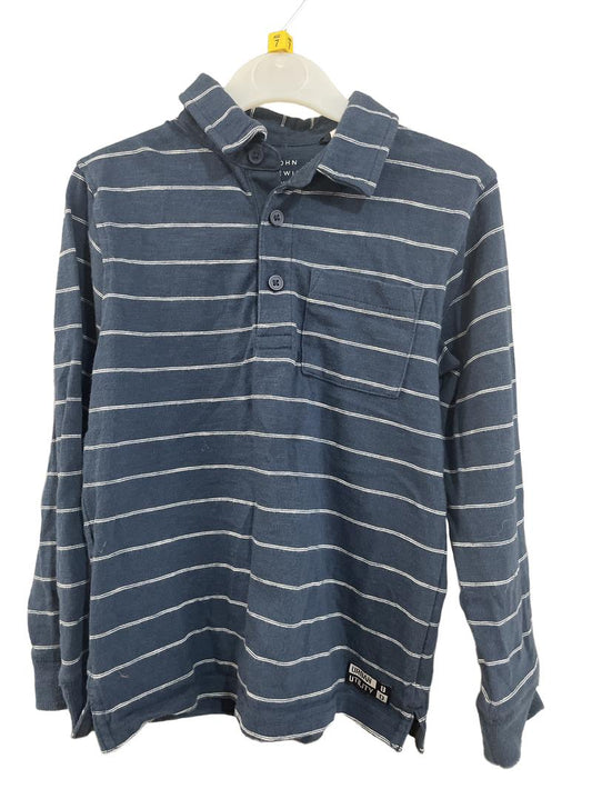 Preloved John Lewis - Top - Blue And White Stripe Collar Half Button Long-sleeved Shirt (7-8y)