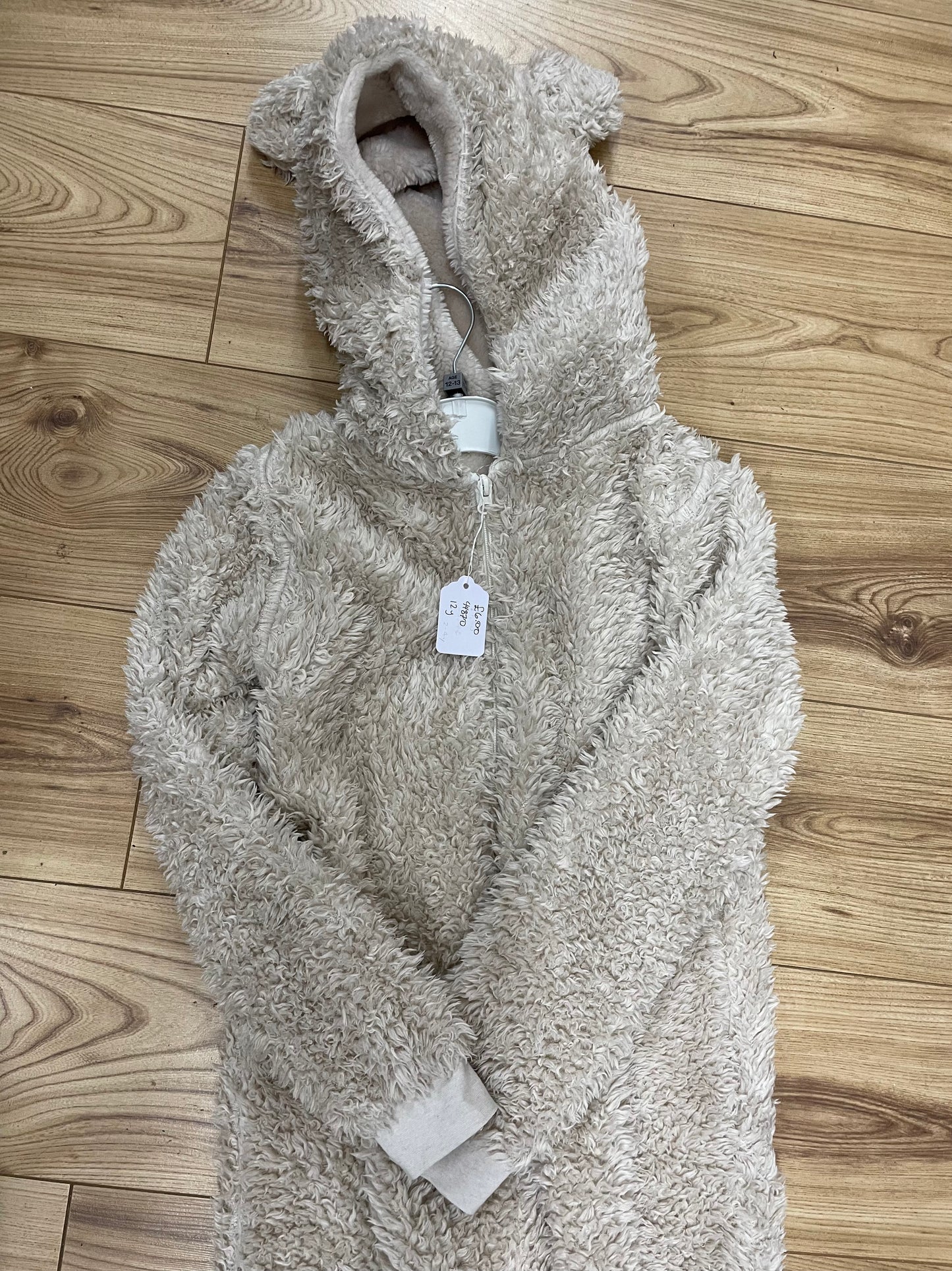 Preloved John Lewis hooded borg white fluffy bodysuit onesie with ears 12y