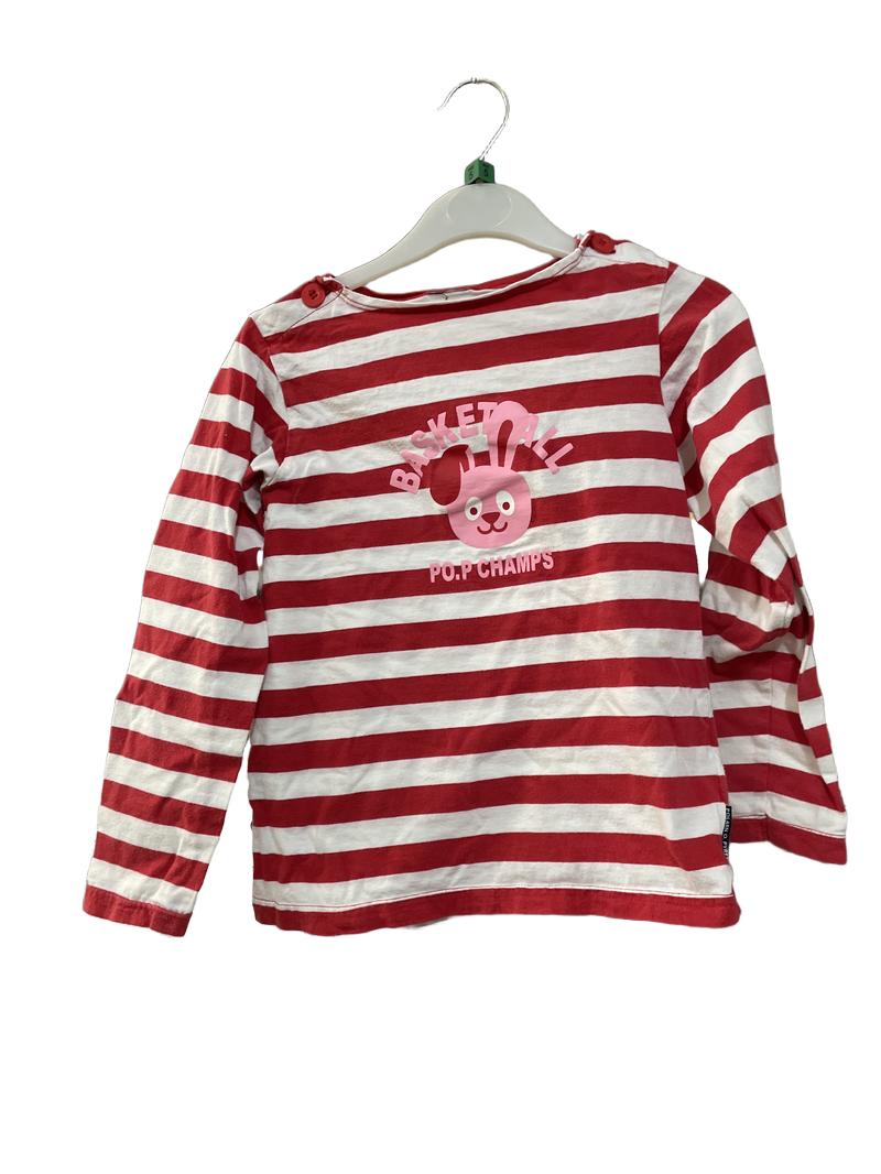 Preloved Polarn O. Pyret - Top - Red And White Striped "Basketball" Bunny Champs Long-sleeved Shirt With Button Shoulder Closures (5-6y)