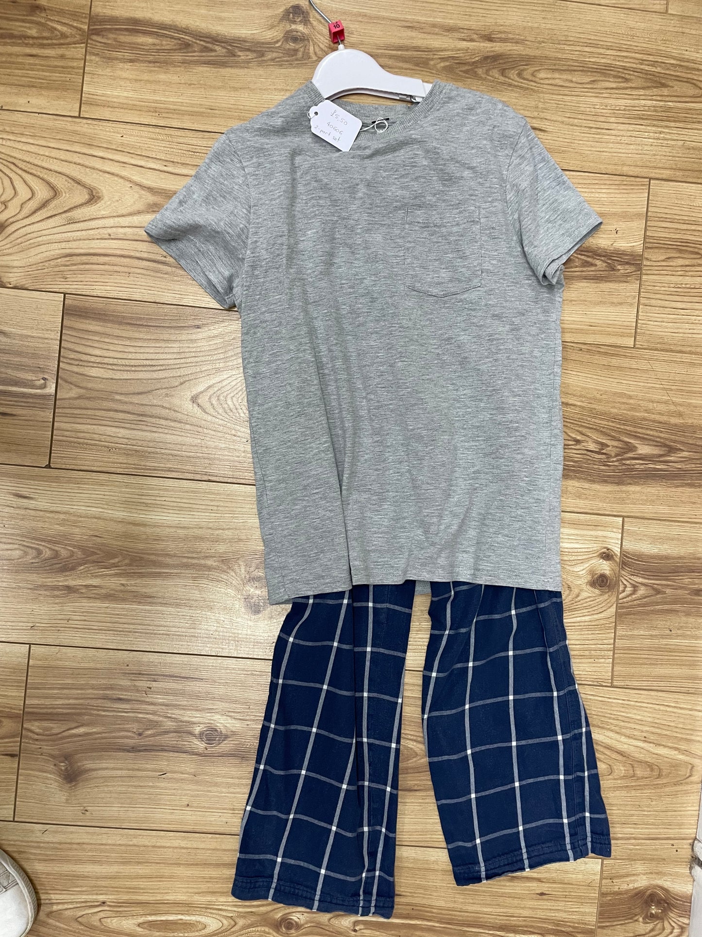 Preloved M&S Pajamas -  grey tshirt+blue chequer trousers 10-11y