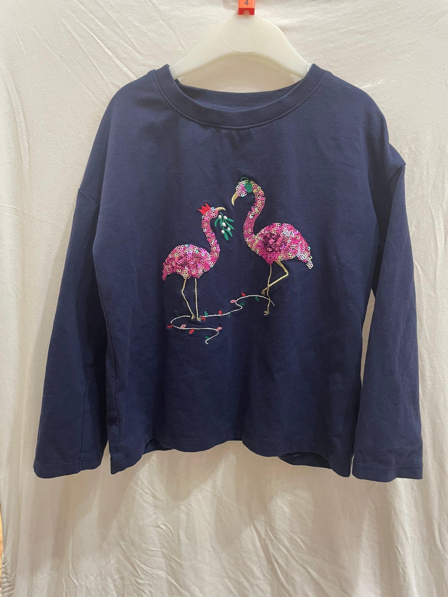 Preloved John Lewis Navy Christmas sequin flamingos LS shirt 4y