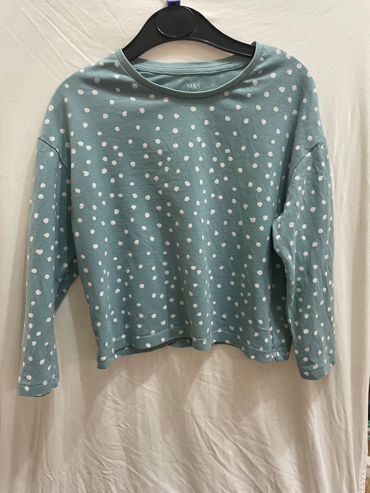 Preloved Marks & Spencer green polka dot LS shirt 3-4y