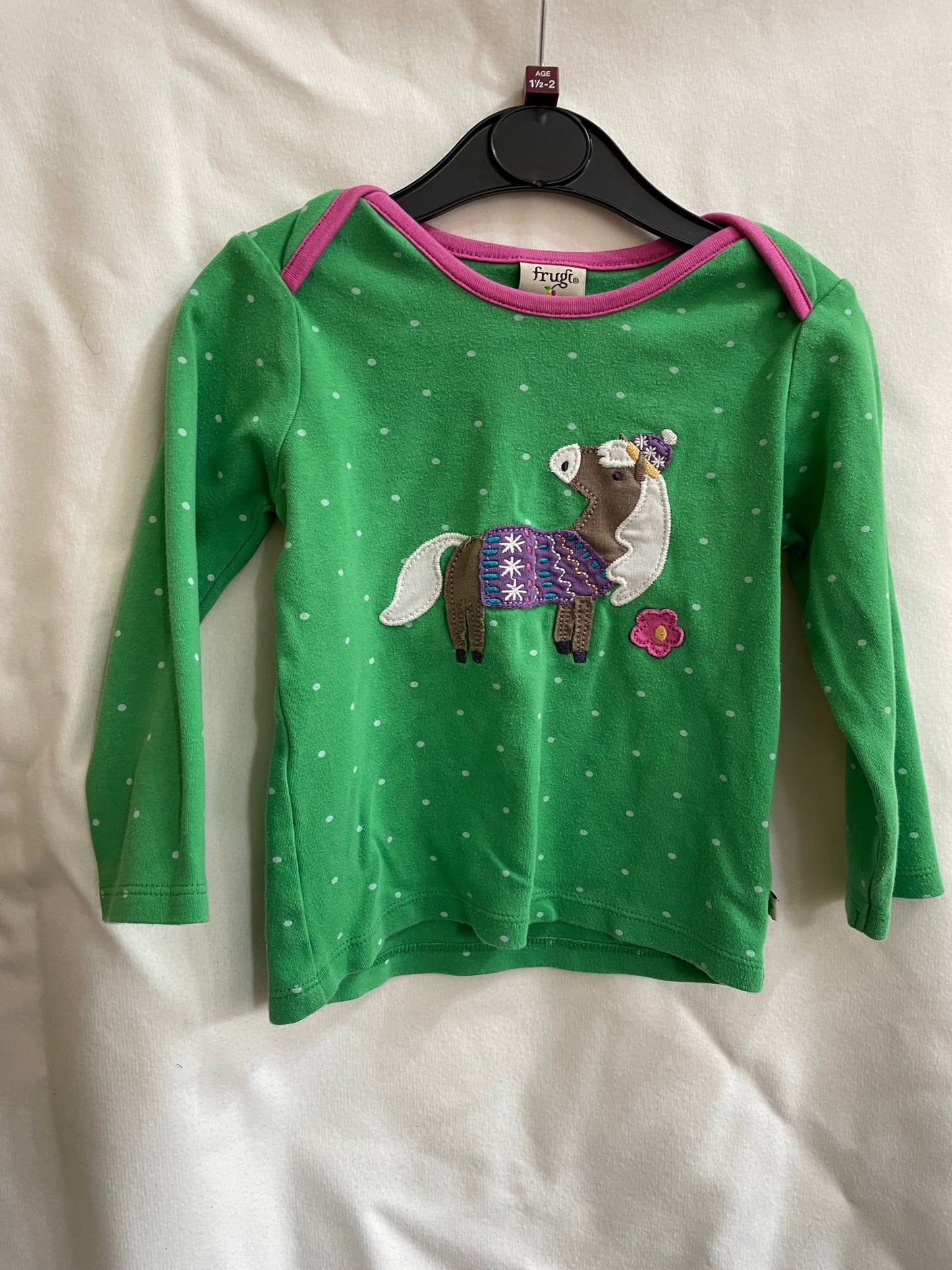 Preloved Frugi green polka dot horse applique LS shirt 18-24m