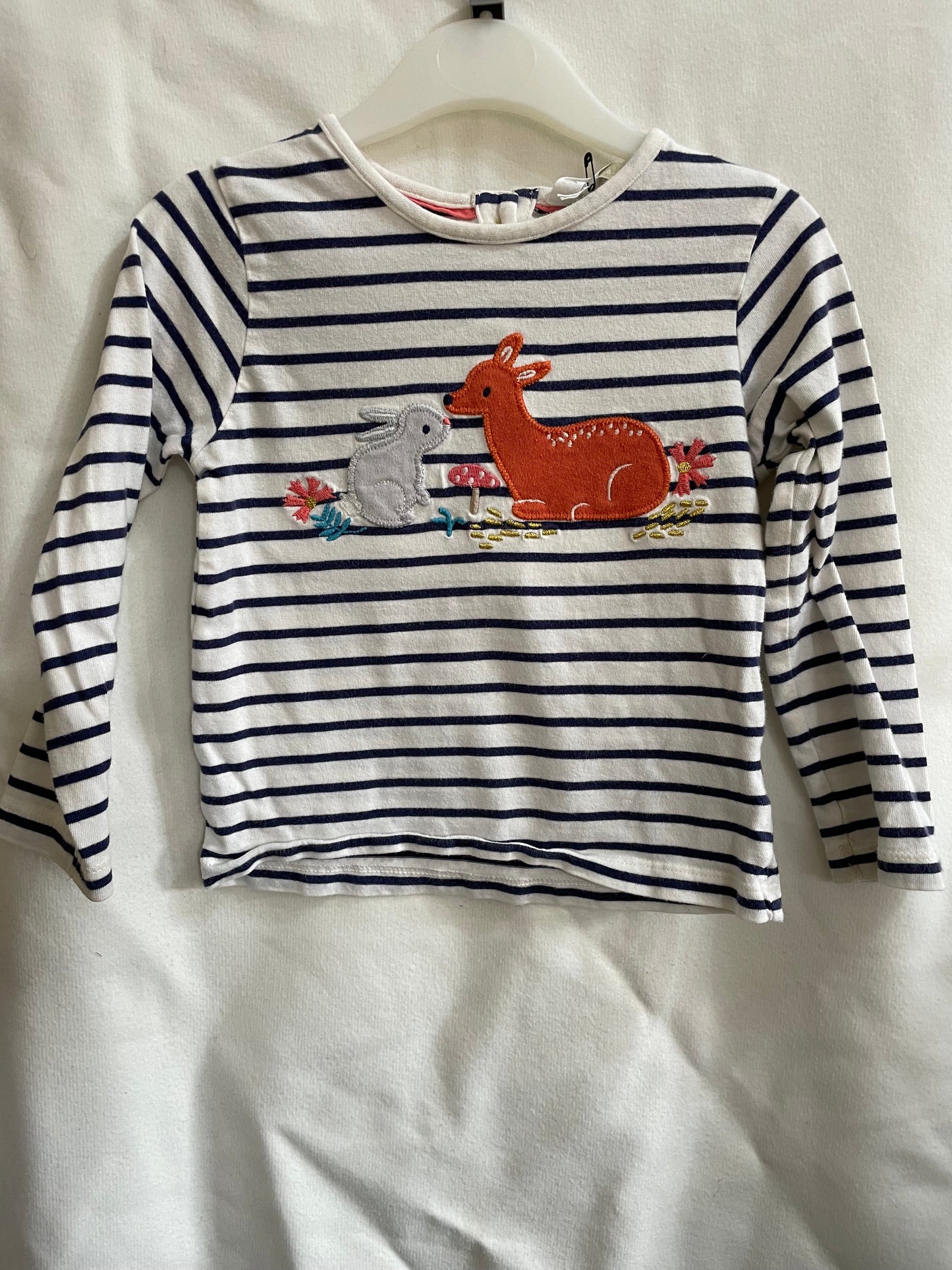 Preloved John Lewis Navy white stripe animals applique LS top 12-18m