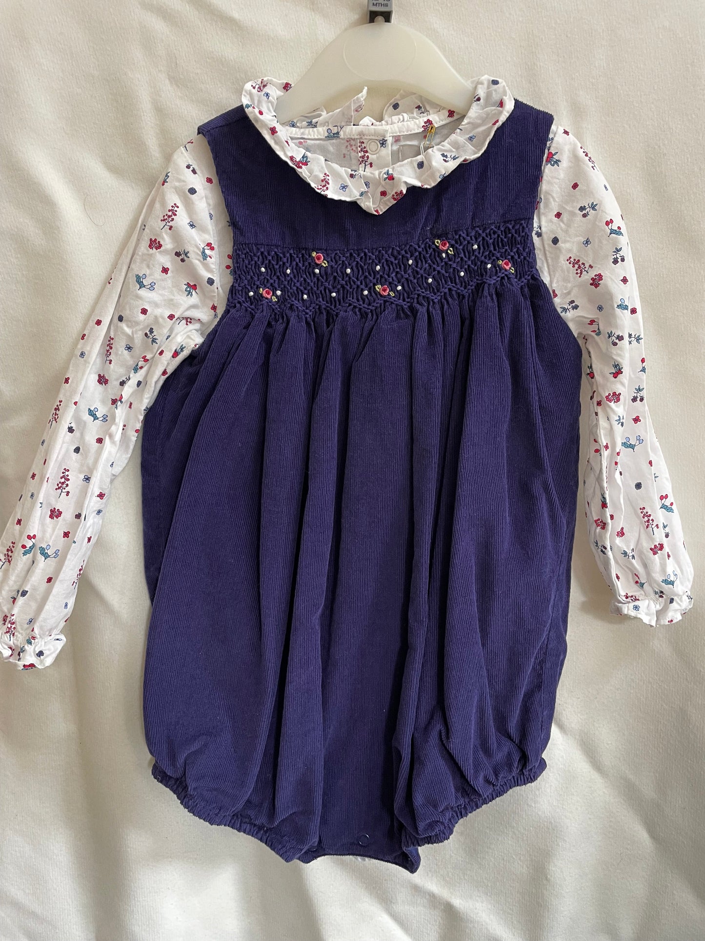 Preloved John Lewis heirloom corduroy smocked navy flowers with cotton bodysuit set 12-18m