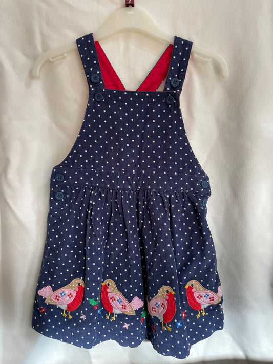 Preloved Jojo Maman Bebe navy white polka dot bird applique corduroy pinafore 2-3y