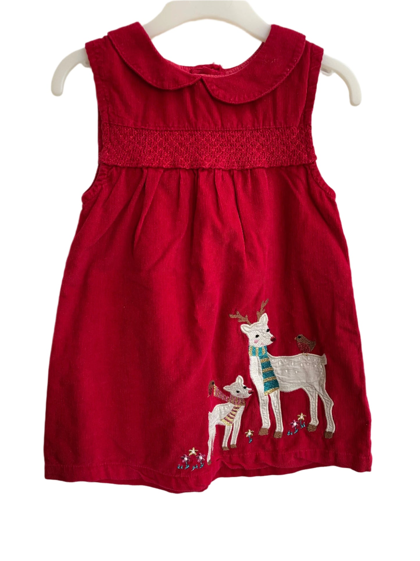 Preloved Jojo Maman Bebe red smocked pinafore with reindeer applique 2-3y