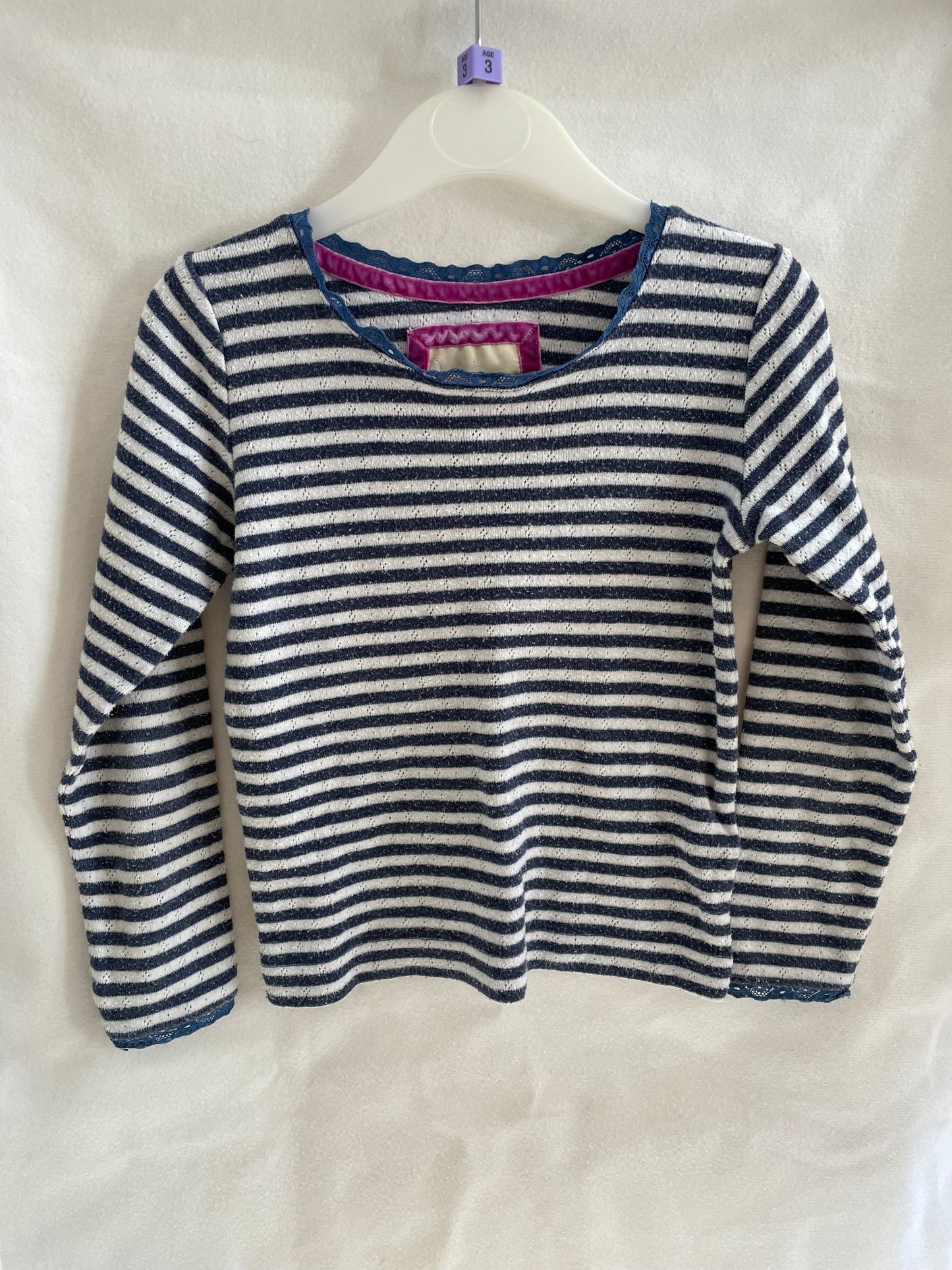 Preloved Boden Girls navy white striped pointelle lace neckline LS shirt 3-4y