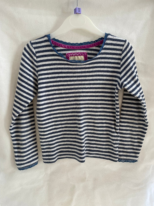 Preloved Boden Girls navy white striped pointelle lace neckline LS shirt 3-4y