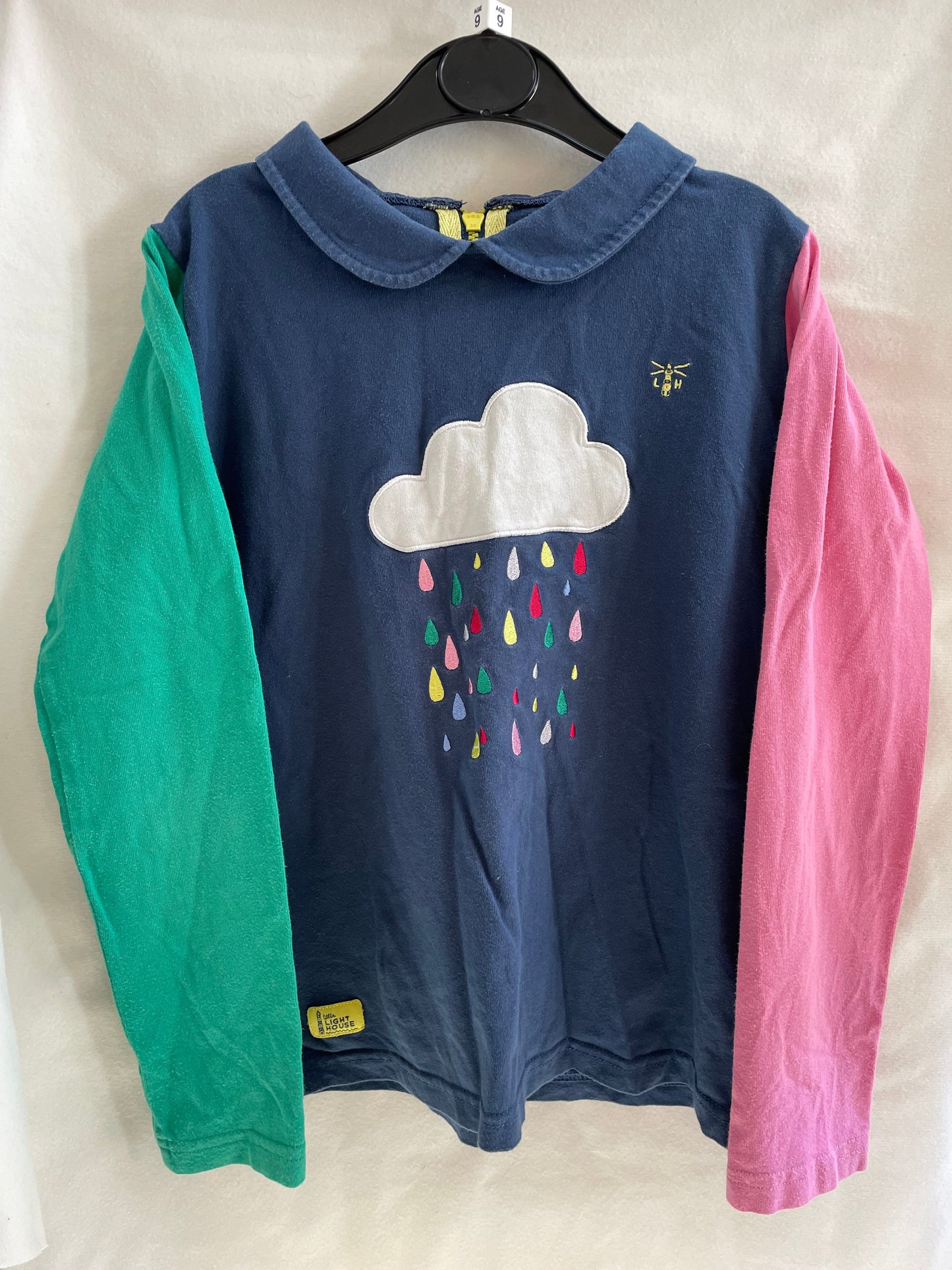 Preloved Lighthouse navy pink green LS Peter Pan collar cloudy rain shirt 9-10y