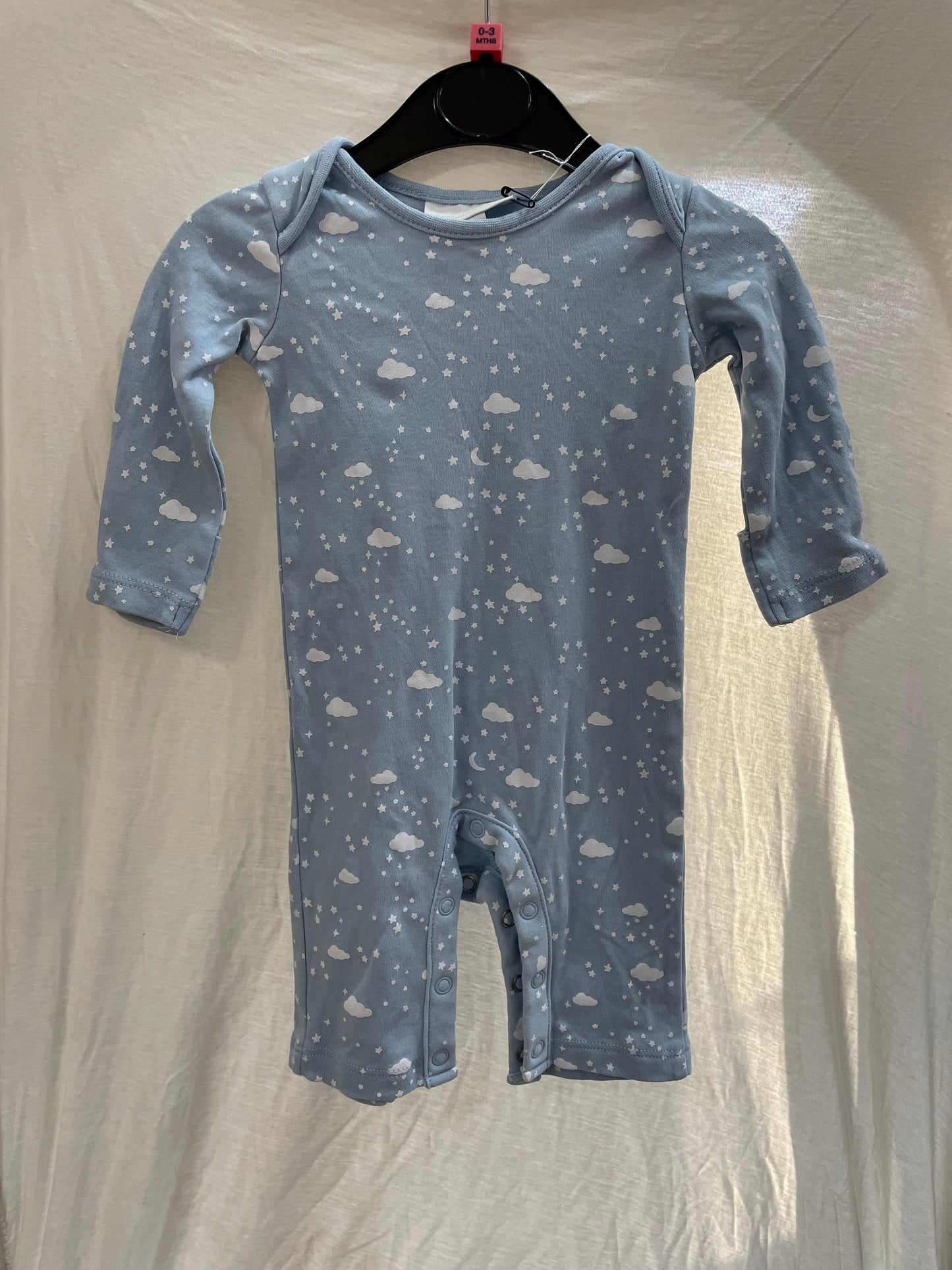 Preloved Little White Company organic blue onesie romper cloud stars print LS 0-3m