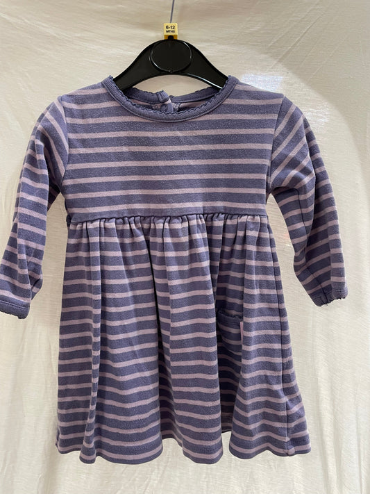 Preloved Jojo Maman Bebe purple stripe LS dress 6-12m