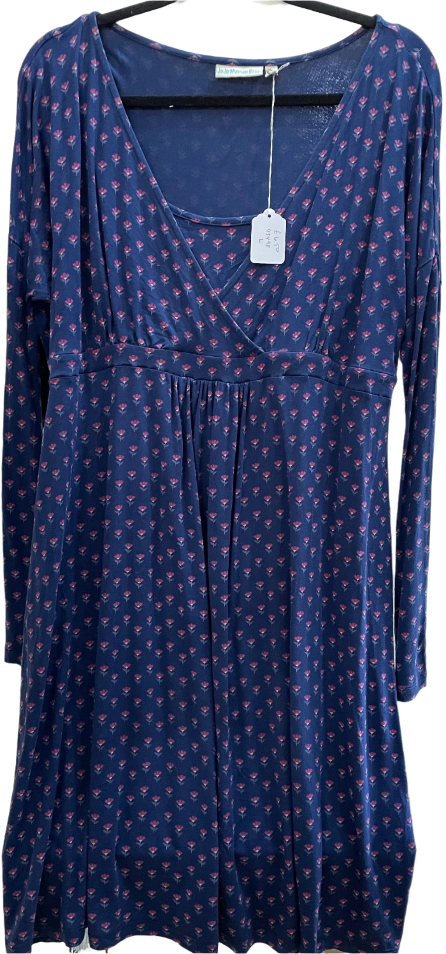 Preloved Jojo Maman Bebe navy flower leaf LS nursing dress, L