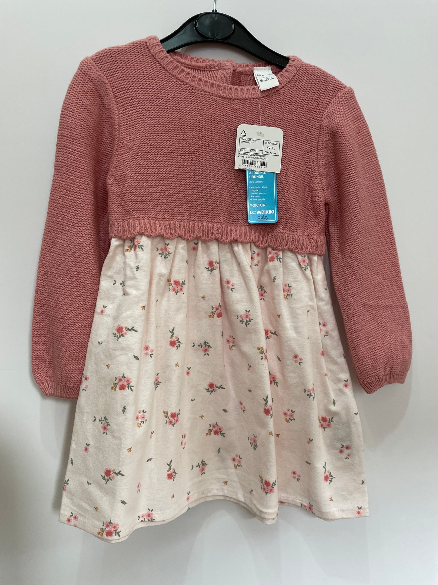 Preloved Waikiki baby pink knit flannel flower dress, NEW with tags 3-4y