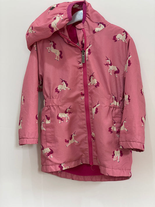 Preloved Hatley pink unicorn fleece-lined rain jacket slight dirt/wear at base of zipper, 4y