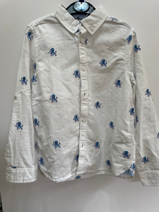 Preloved Marks & Spencer white octopus embroidery button down LS shirt 6-7y