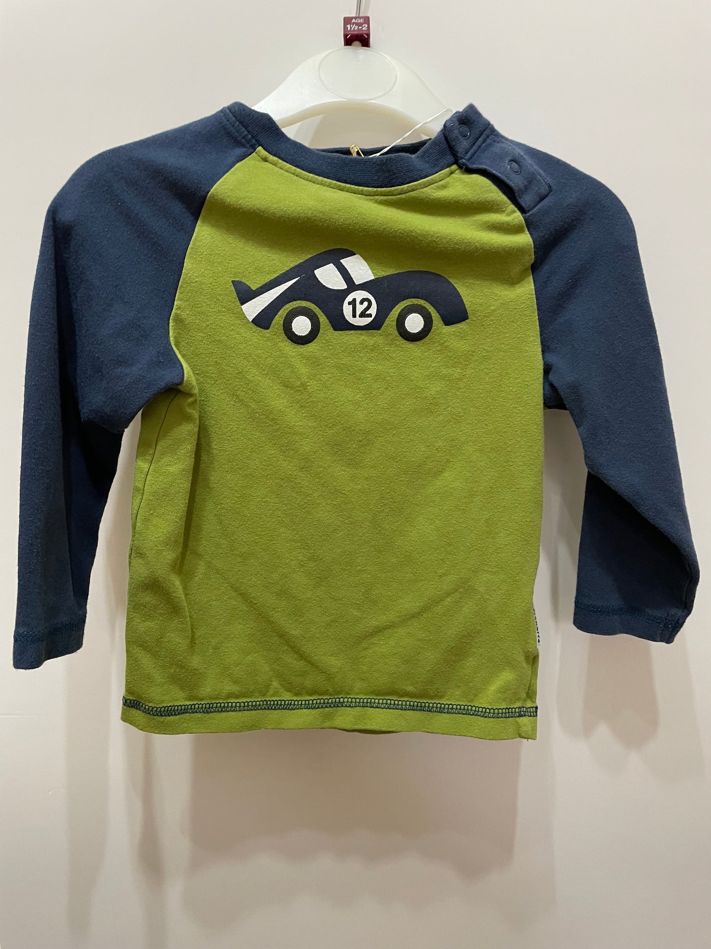 Preloved Maxomorra blue green car raglan LS shirt 18-24m