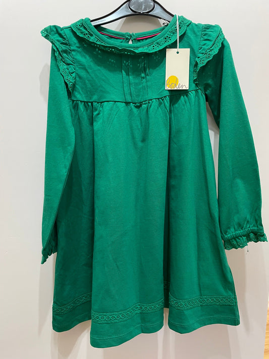 Mini Boden Green jersey LS lace dress, NEW with tags, 2-3y