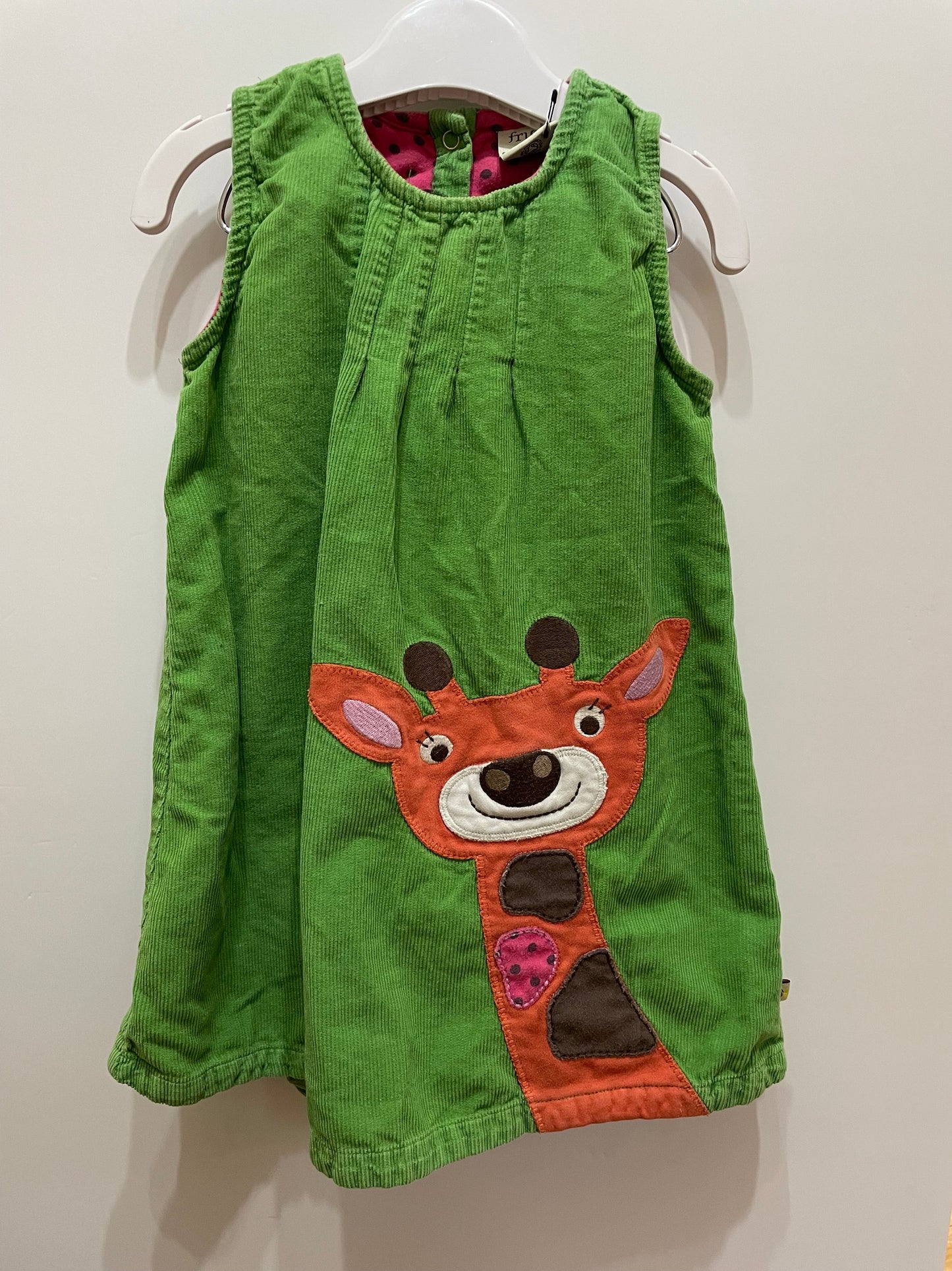 Frugi green corduroy giraffe dress with tights 2-3y