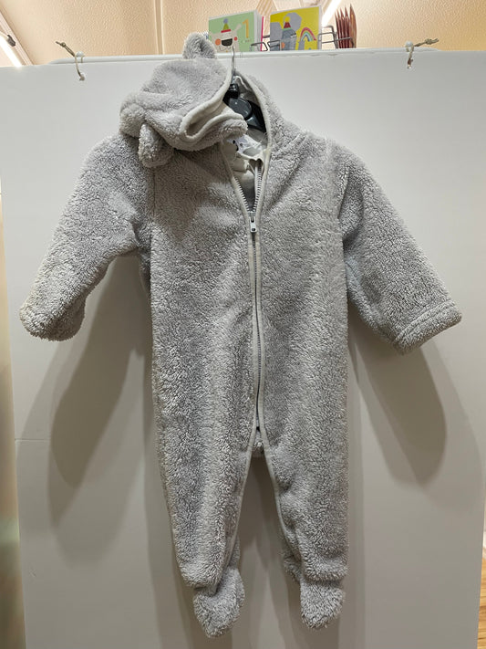 Little White Company gray fleece bodysuit, some stains at neck, 3-6m