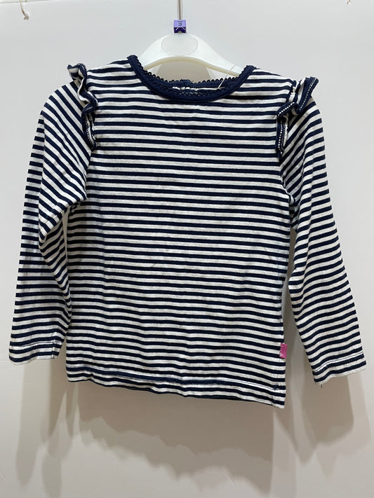 Jojo Maman Bebe navy white stripe LS jersey top with frill, 3-4y