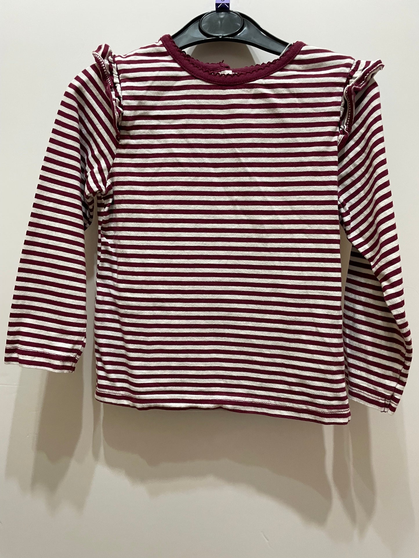 Jojo Maman Bebe maroon white stripe LS jersey top with frill, 3-4y