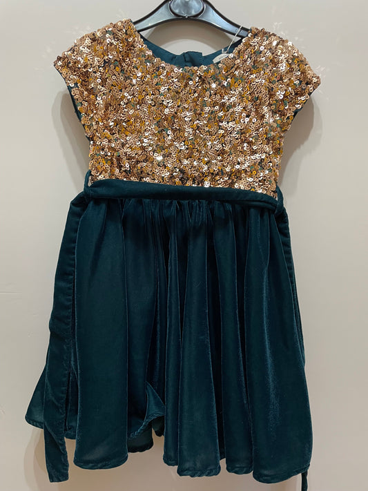 John Lewis teal velvet copper sequin party dress, 3y