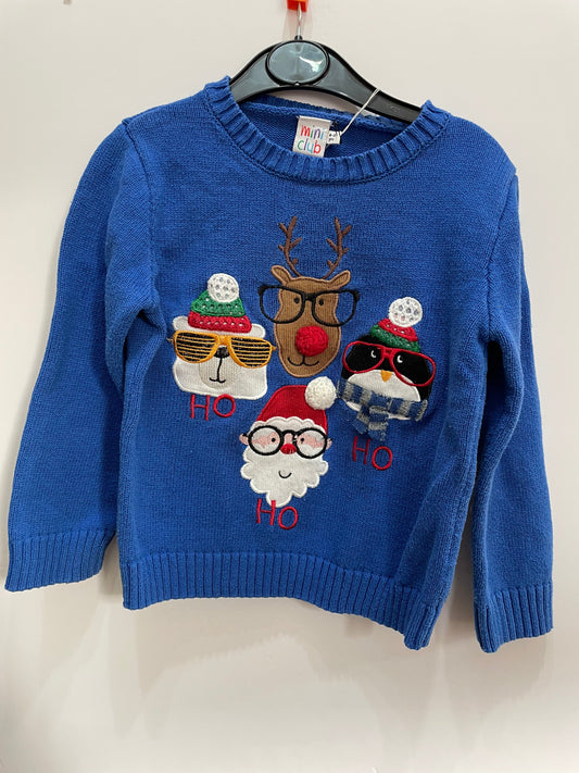 Preloved Mini Club blue knit sweater with Christmas celebrating animal embroidery, 4-5y