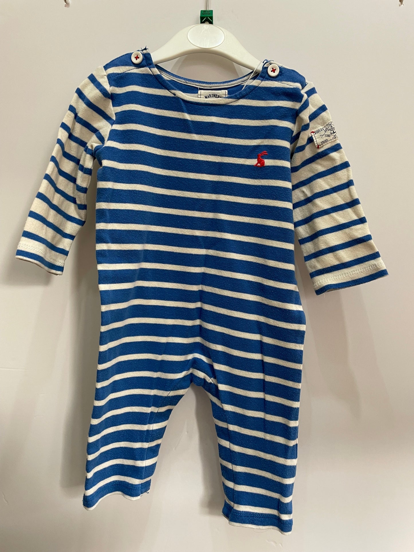 Preloved Joules blue white stripe onesie, 6-9m