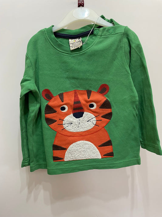 Preloved Frugi green tiger applique LS shirt, 18-24m