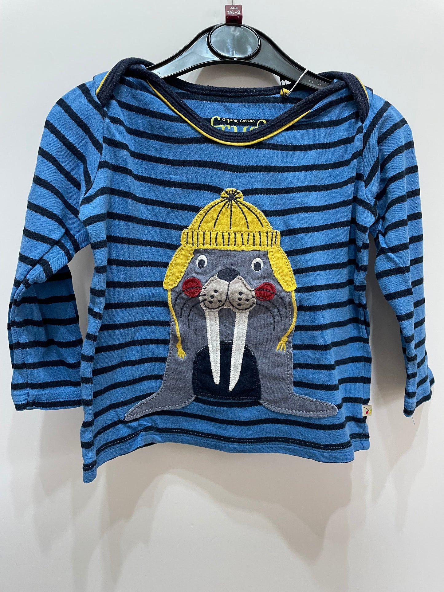 Preloved Frugi blue stripe walrus in hat applique LS shirt, 18-24m