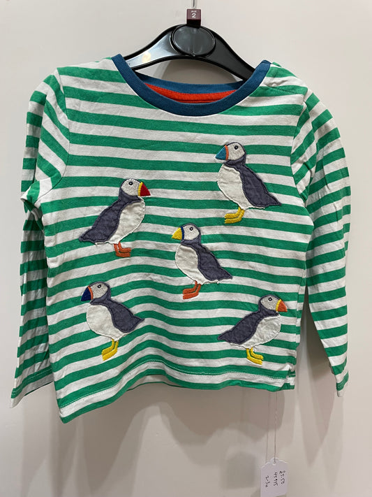 Preloved Baby Boden green and white stripe puffin applique LS shirt, 2-3y