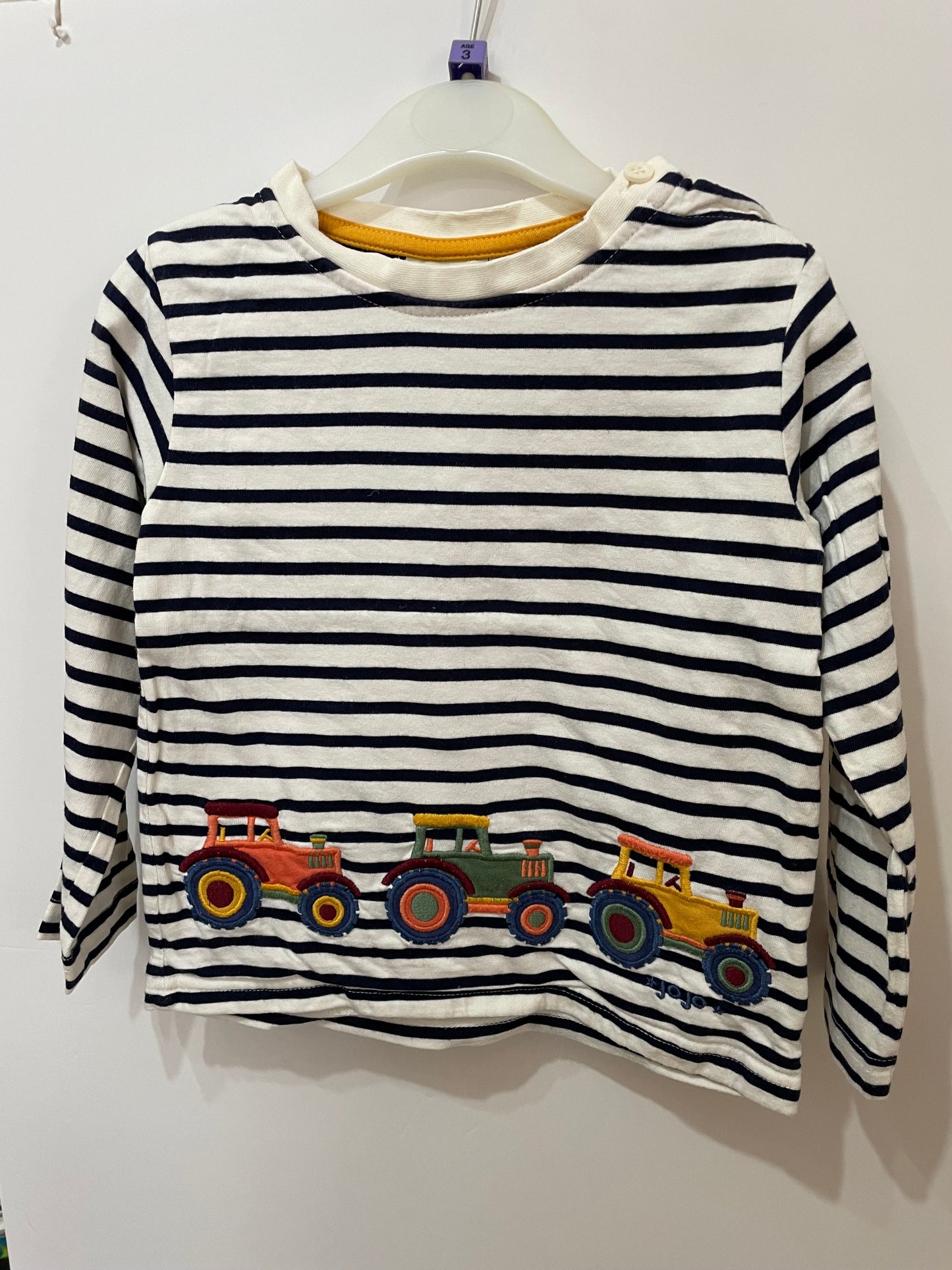 Preloved Jojo Maman Bebe navy white stripe tractor applique LS shirt, 3-4y