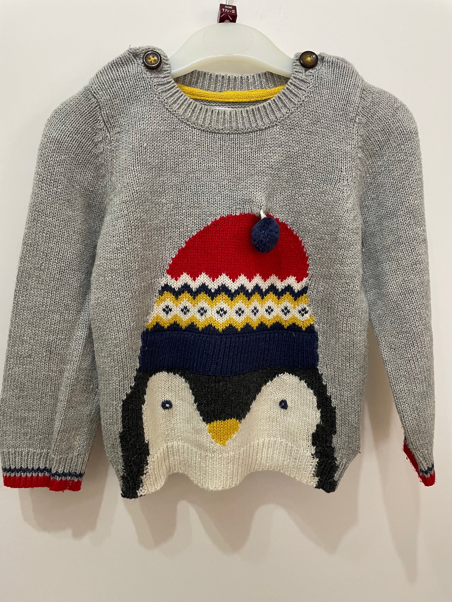 Preloved Baby Boden gray winter penguin knit jumper, 18-24m