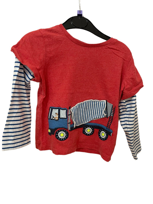 Preloved BabyBoden red mock sleeve cement mixer truck lift flap LS shirt, 3-4y