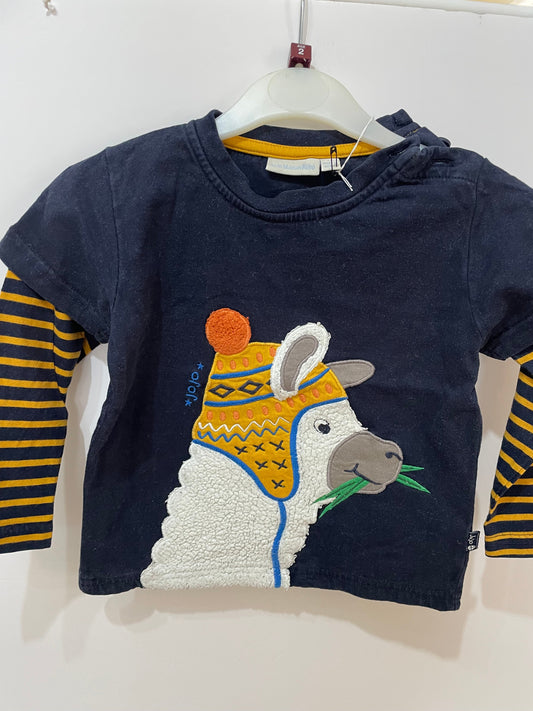 Preloved Jojo Maman Bebe navy mock sleeve llama in hat applique LS shirt, 2-3y