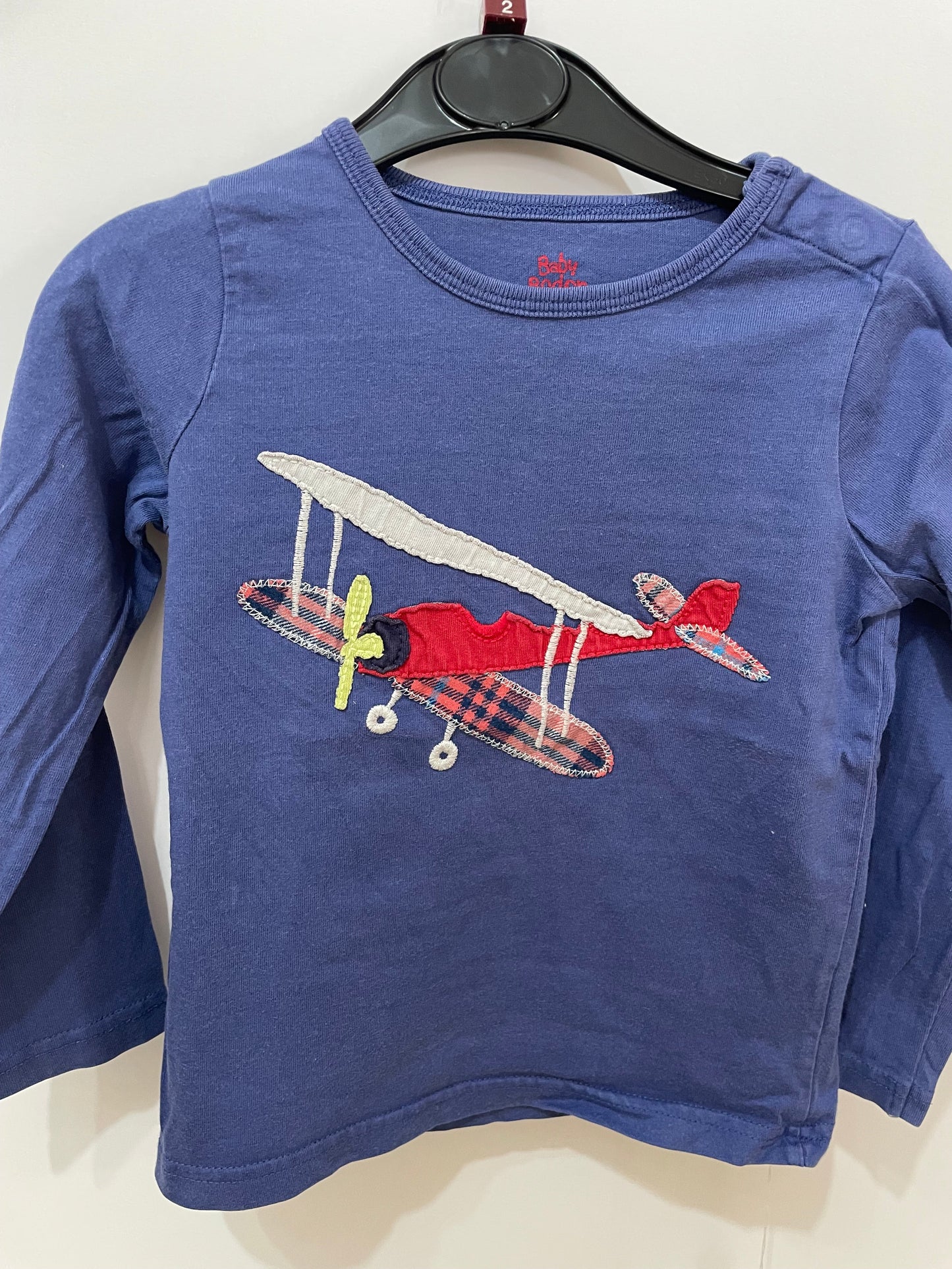 Preloved Baby Boden blue airplane applique LS shirt 2-3y