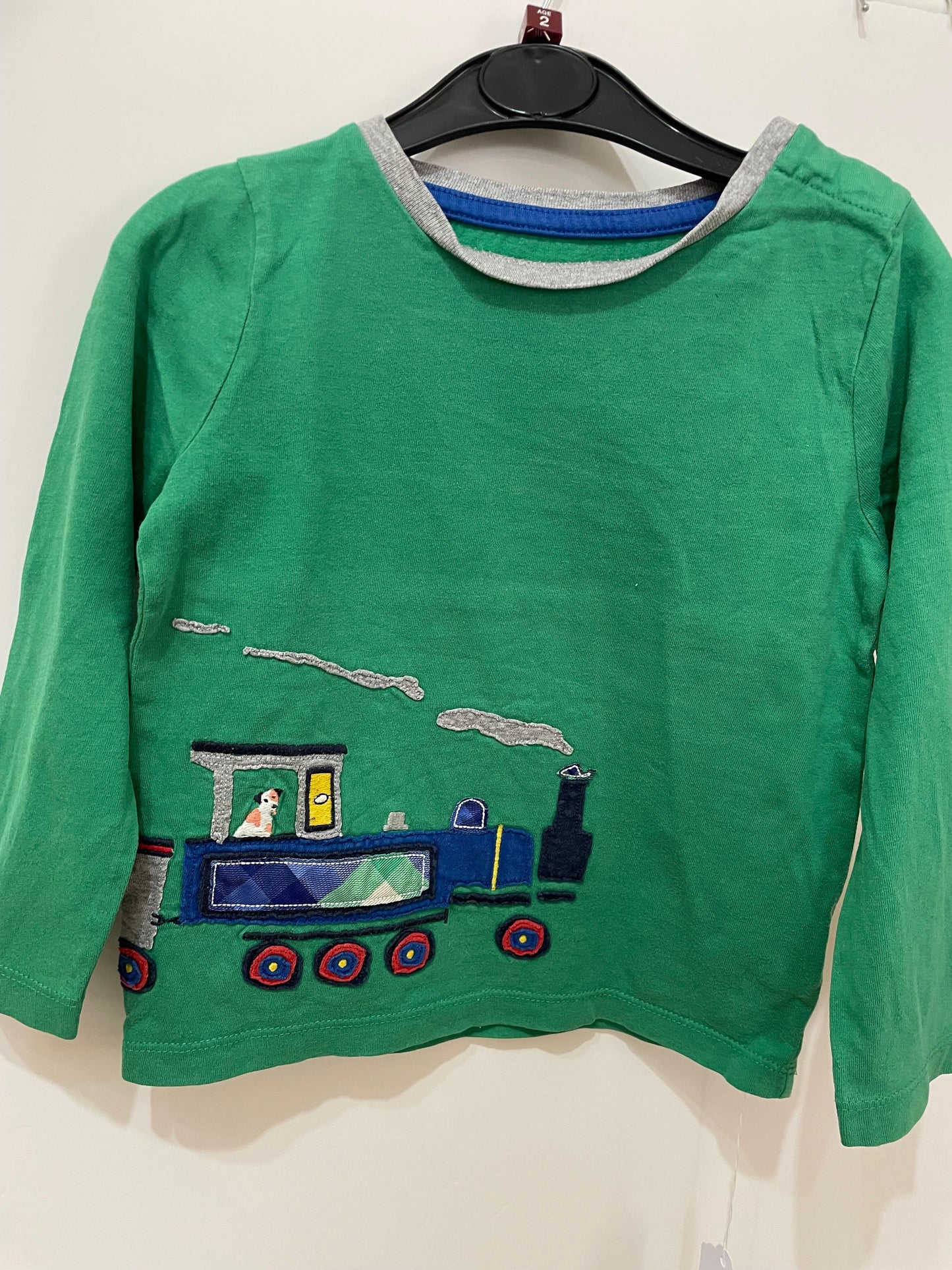 Preloved BabyBoden green train applique LS shirt, 2-3y