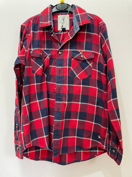 Preloved Gant red navy plaid flannel LS shirt, 7-8y