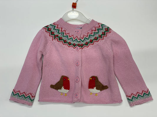 Baby Boden pink fair isle with cardinal appliques 9-12m