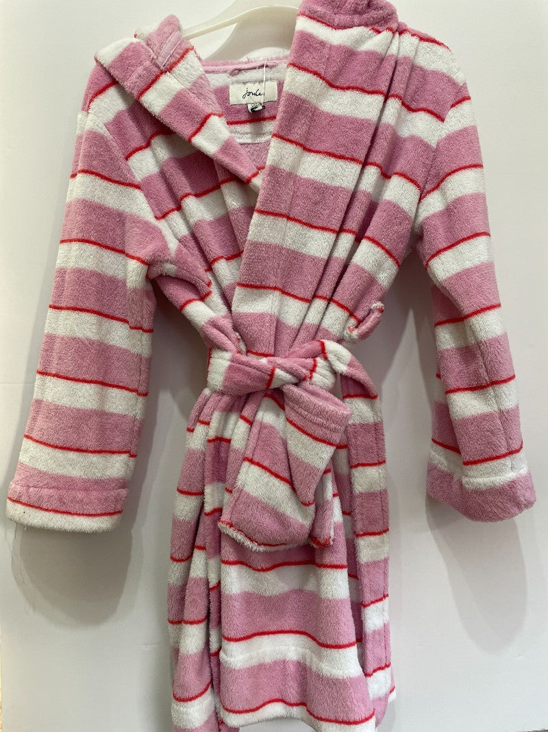 Preloved Joules - Sleepwear - Pink, White, Red Striped Fleece Dressing Gown Robe (7-8y)