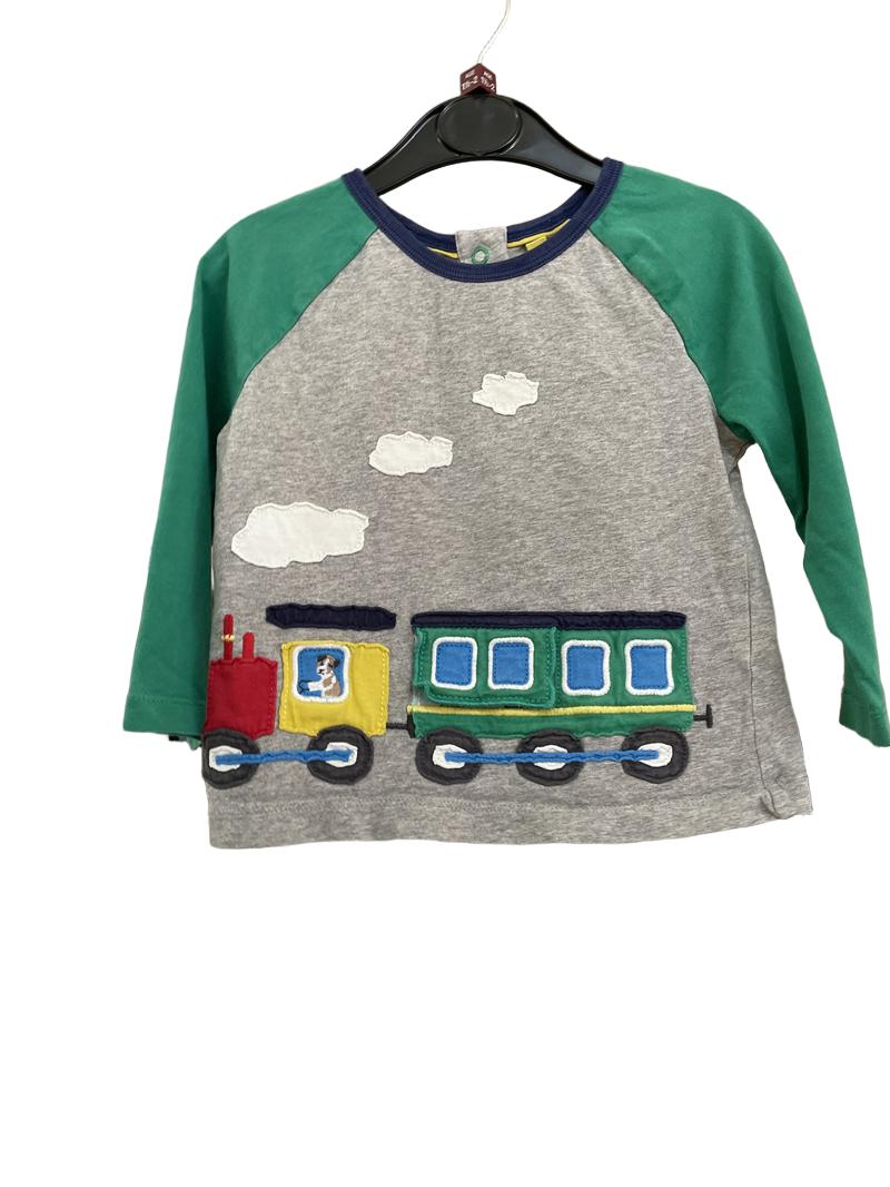 Preloved Mini Boden - Top - Gray Green Raglan Top With Train Lift Flap Applique (18-24m)