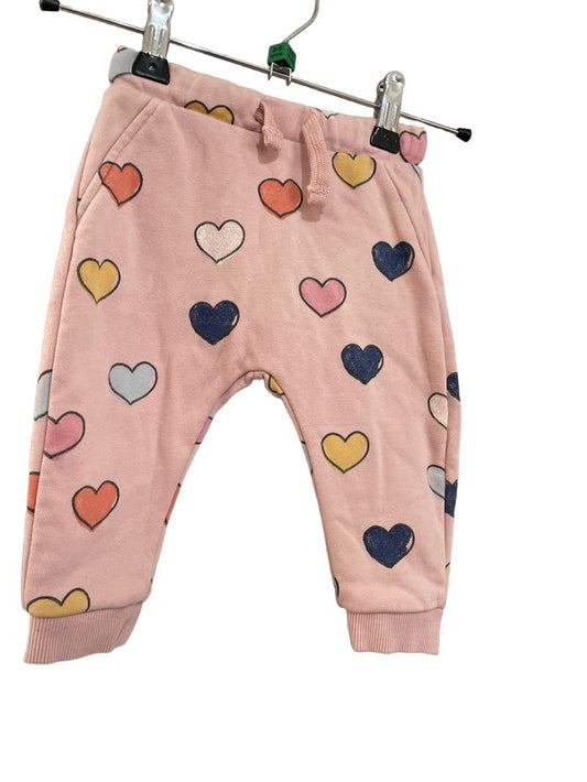 Preloved Marks & Spencer - Trousers - Pink Joggers With Multicolor Heart Print And Drawstring (6-9m)