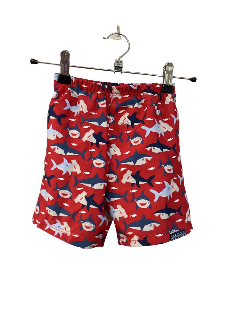 Preloved Jojo Maman Bebe - Swimwear - Red Swim Trunks Shorts With Blue And Gray Shark Fish Print (12-18m, 1.5-2y)