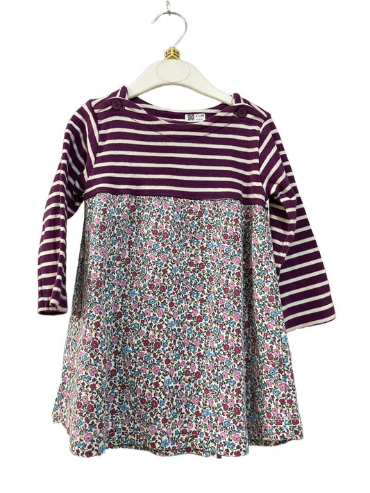 Preloved Jojo Maman Bebe - Dress - Purple White Stripe Top With Floral Print Bottom Long-sleeved Dress (6-12m)